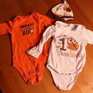 0/3 M, one thanksgiving onesie and hat, one Halloween onesie